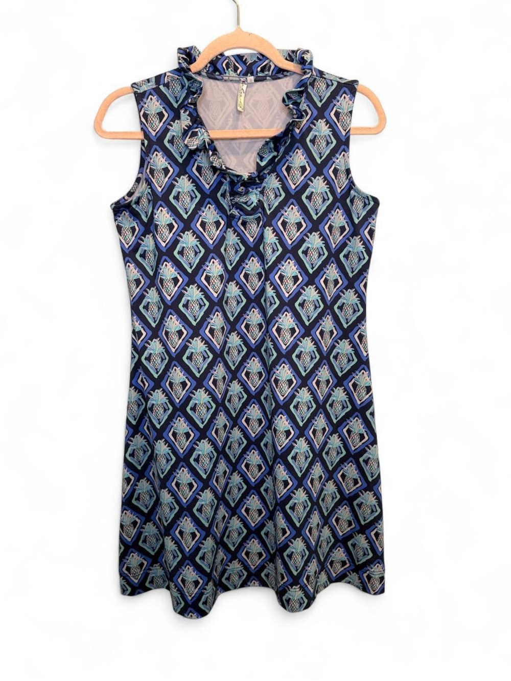 Lulu-B Pineapple Diamonds Ruffle V Neck Sleeveless Dress Small UPF 50+ Golf
